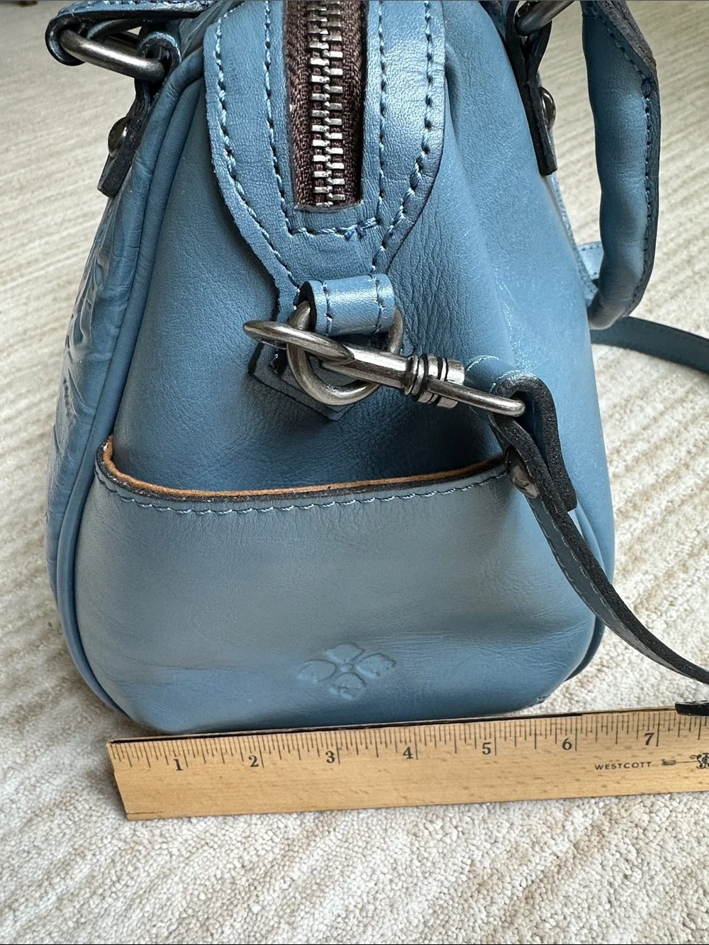 Like New Patricia Nash SKYE Leather HTF Safflower Blue Tooled Embossed Satchel - Picture 16 of 17